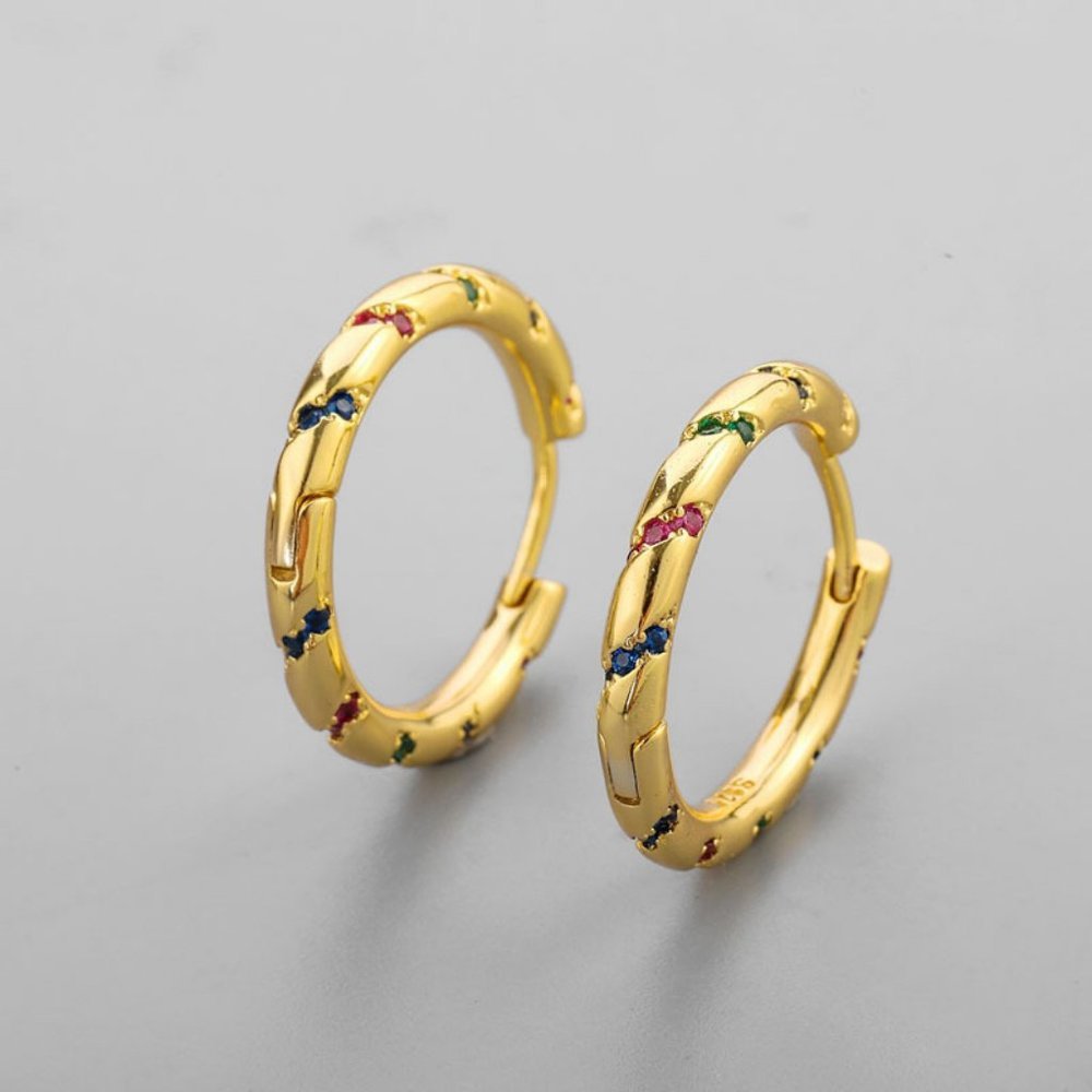 #NEW 925 Sterling Silver Colorful Diamond Round Hoop Earrings - Picture 4 of 6